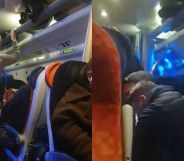 Side-by-side of a group of men sitting and standing on a train