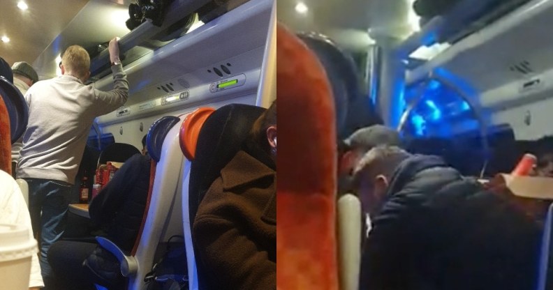 Side-by-side of a group of men sitting and standing on a train