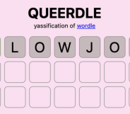 A grid of tiles on a pink background, with the title 'Queerdle: yassification of Wordle'. The first guess entered is blowjob, the letter B is lit in green as it is correct and in the right place