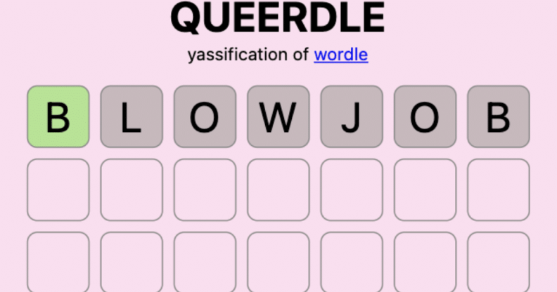A grid of tiles on a pink background, with the title 'Queerdle: yassification of Wordle'. The first guess entered is blowjob, the letter B is lit in green as it is correct and in the right place