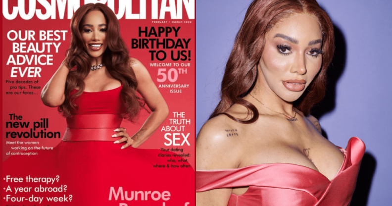 Munroe on the cover of Cosmo, and a beauty shot of her in a red dress
