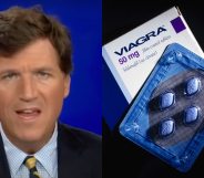 On the left: Headshot of Tucker Carlson talking to the camera. On the right: A packet of Viagra pills.