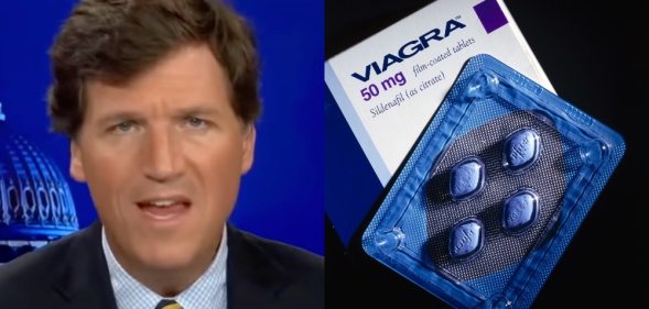 On the left: Headshot of Tucker Carlson talking to the camera. On the right: A packet of Viagra pills.