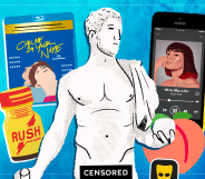A collage of a Greek statue, a peach, a Call Me By Your Name blu-ray, poppers and an iPhone with Charli XCX on Spotify