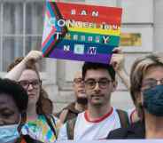 Campaigners against LGBT+ conversion therapy attend a picket outside the Cabinet Office and Government Equalities Office on 23rd June 2021 in London, United Kingdom