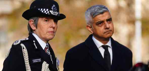 Former Metropolitan Police Commissioner Cressida Dick with Mayor of London Sadiq Khan standing outside