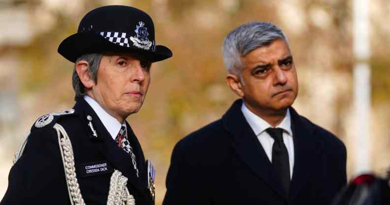 Former Metropolitan Police Commissioner Cressida Dick with Mayor of London Sadiq Khan standing outside