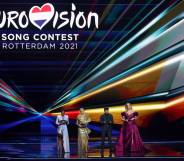 Presenters Edsilia Rombley, Chantal Janzen, Jan Smit and Nikkie de Jager during the Eurovision Song Contest grand final