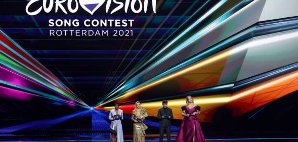 Presenters Edsilia Rombley, Chantal Janzen, Jan Smit and Nikkie de Jager during the Eurovision Song Contest grand final