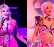 Side by side images of Dolly Parton and Cardi B
