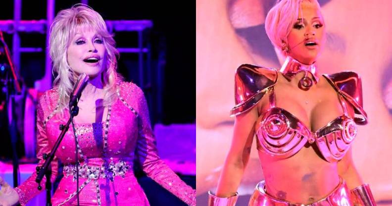 Side by side images of Dolly Parton and Cardi B