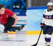 side by side images of Bruce Mouat and Alex Carpenter competing at the Olympics