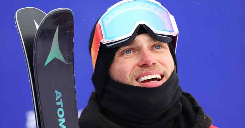 Gus Kenworthy of Team Great Britain reacts after their first run during the Men's Freestyle Skiing Freeski Halfpipe Qualification on Day 13 of the Beijing 2022 Winter Olympics