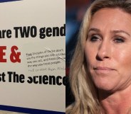Side-by-side of Marjorie Taylor Greene (R) and her anti-trans sign that has been vandalised