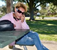 Martina Caldera sits on a park bench
