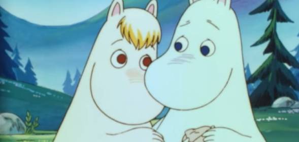 Two white Moomin characters embrace each other