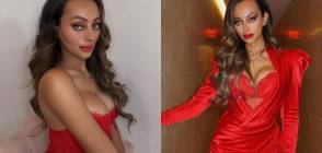 Side by side images of TikTok star and model Emira D’Spain dressed in red outfits