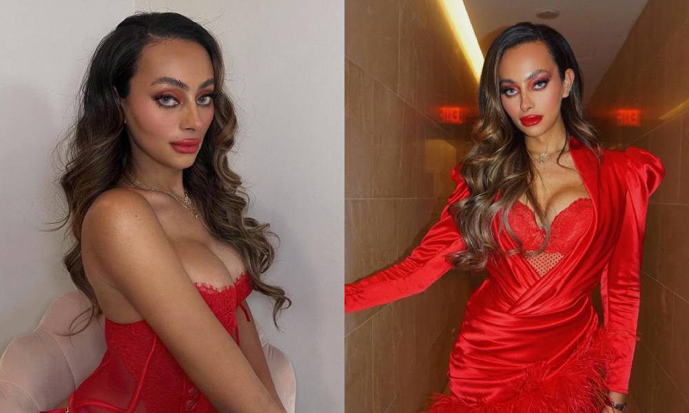 Side by side pictures of TikTok star and model Emira D'Spain in red outfits