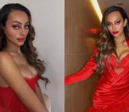 Side by side images of TikTok star and model Emira D’Spain dressed in red outfits