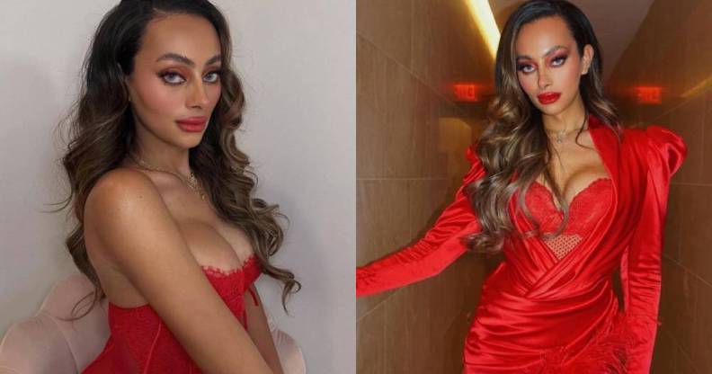 Side by side images of TikTok star and model Emira D’Spain dressed in red outfits
