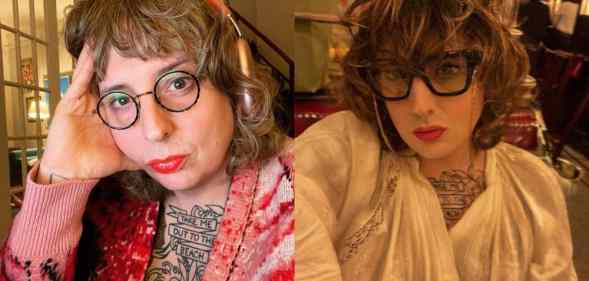 Trans author and professor Grace Lavery is seen in side by side pictures wearings a red and white jumping and a white blouse