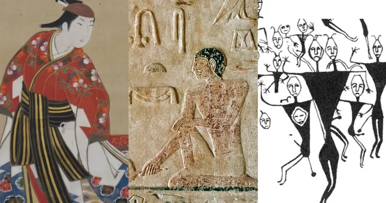 For LGBT+ History month, from left to right: An early 18th century painting of a Samurai, a relief of Niankhkhnum and Khnumhotep, and Kangjiashimenji Petroglyphs