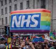 An NHS banner seen during a Pride in London parade.