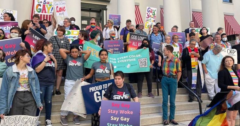 Metropolitan Community Church members and clergy protest the 'Don't Say Gay' bill outside the Florida State Capitol