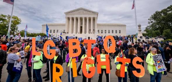 Protesters holding a banner reading "LGBTQ Rights" outside the Supreme Court in Washington DC