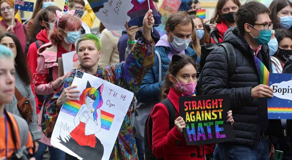 Demonstrators walk on the streets in support of the LGBTQ community under the slogan 'Side by Side to Protect Equality' during the Equality March, Kyiv.