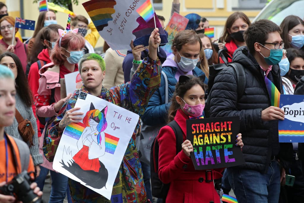 Demonstrators walk on the streets in support of the LGBTQ community under the slogan 'Side by Side to Protect Equality' during the Equality March, Kyiv.