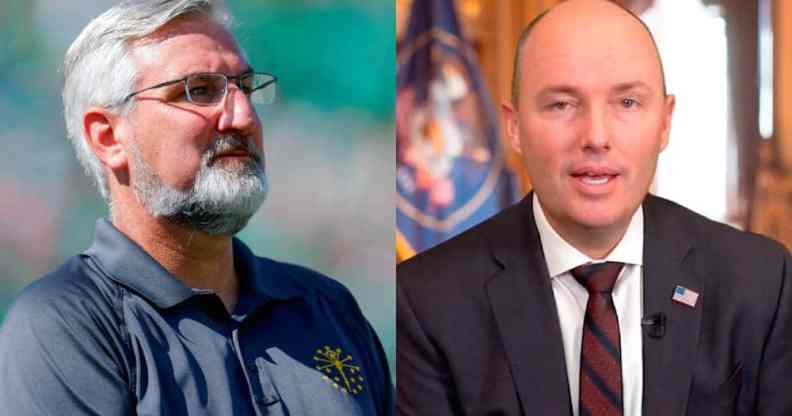 Side by side images of Republican governors Eric Holcomb (Indiana) and Spencer Cox (Utah) who both recently vetoed trans sports bans