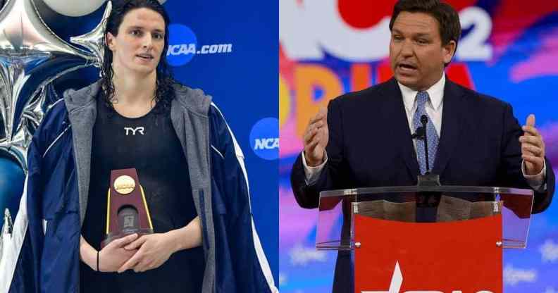 Side by side images of trans swimmer Lia Thomas and Florida governor Ron DeSantis