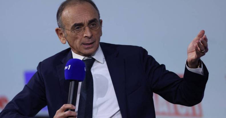 Eric Zemmour, a presidential candidate in France, speaks to a crowd during a "grand oral" presentation