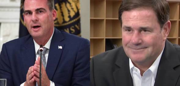 Side by side images of Oklahoma governor Kevin Stitt and Arizona governor Doug Ducey