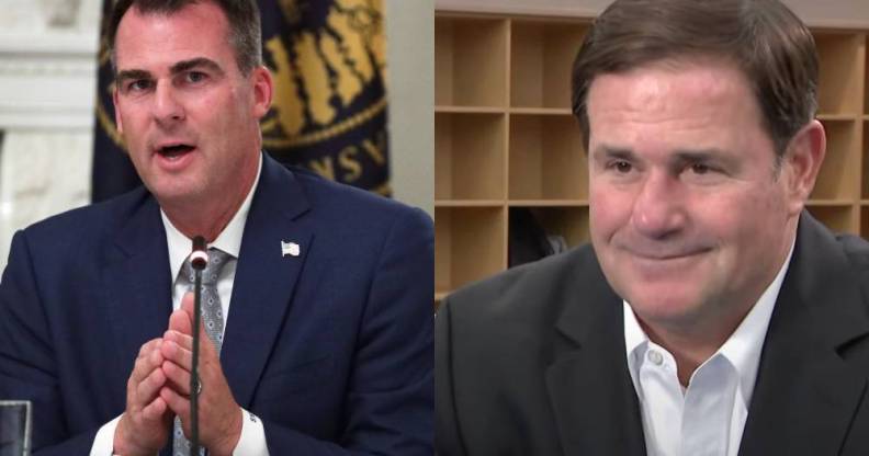 Side by side images of Oklahoma governor Kevin Stitt and Arizona governor Doug Ducey