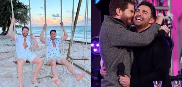Side by side images of Jaymes Vaughan and Jonathan Bennett swinging on the beach and embracing on stage
