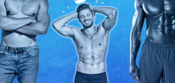 A comprise of a short, shirtless man wearing a crown and two tall shirtless men on either side of him