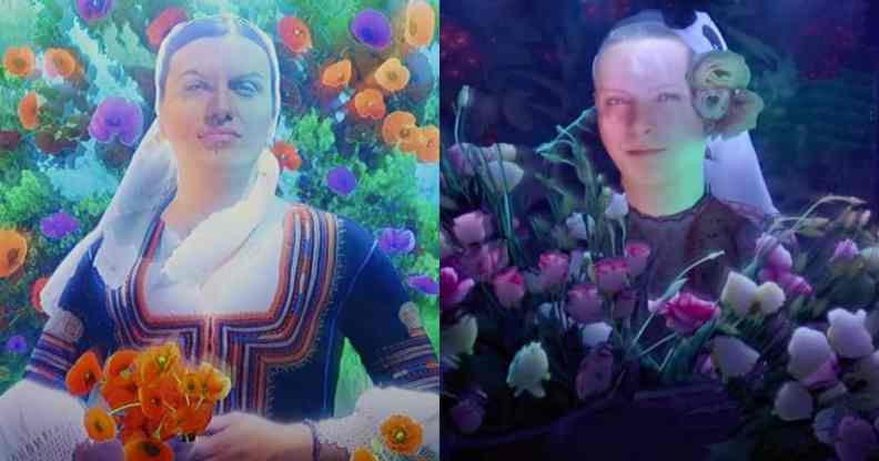 Side my side screenshots of artwork of trans women dressed in Bulgarian national dress and holding flowers