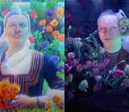 Side my side screenshots of artwork of trans women dressed in Bulgarian national dress and holding flowers
