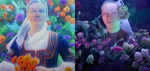 Side my side screenshots of artwork of trans women dressed in Bulgarian national dress and holding flowers