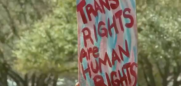 A person holds a sign that reads "Trans rights are human rights"