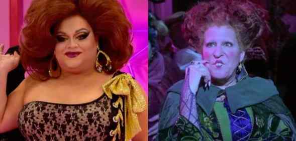 Side by side pictures of Drag Race star Ginger Minj and Bette Midler's character from the Disney film Hocus Pocus