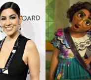 Side by side images of actor Stephanie Beatriz and her character Mirabel Madrigal from Disney's Encato