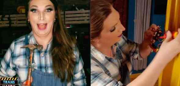 Mercury Stardust, known as the "Trans Handy Ma'am" on social media, is seen holding a hammer and in another picture repairing an outlet on a wall