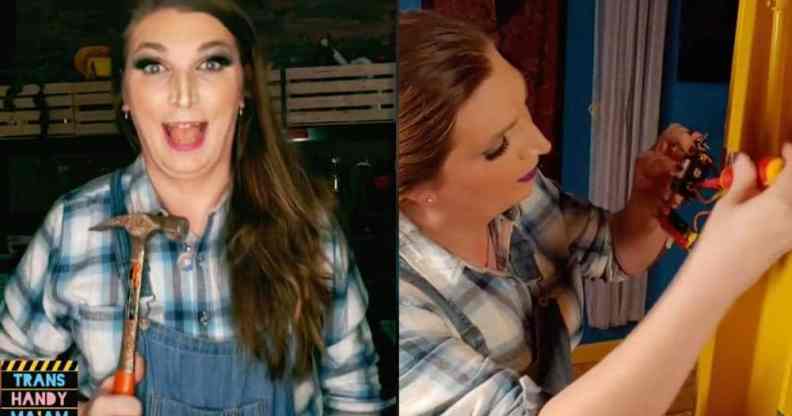 Mercury Stardust, known as the "Trans Handy Ma'am" on social media, is seen holding a hammer and in another picture repairing an outlet on a wall