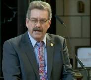 Nebraska senator Bruce Bostelman speaks before other lawmakers about alleged reports of schools accommodating students who identify as animals by putting litter boxes in bathrooms for furries