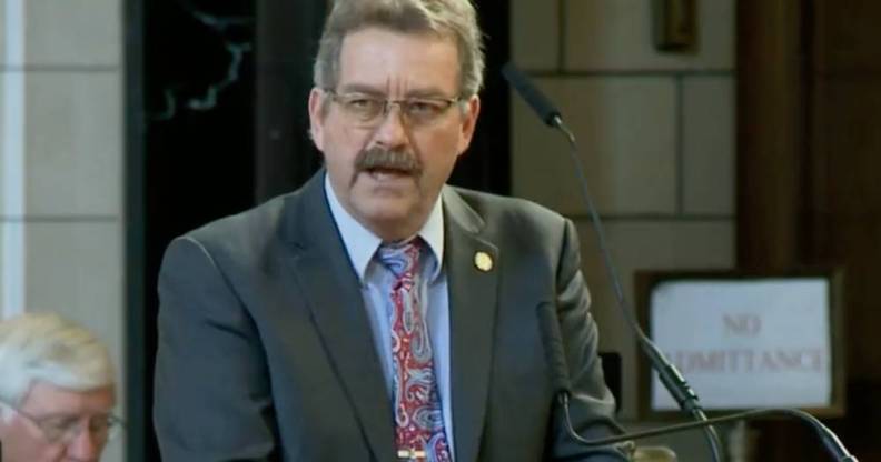 Nebraska senator Bruce Bostelman speaks before other lawmakers about alleged reports of schools accommodating students who identify as animals by putting litter boxes in bathrooms for furries