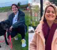 Side by side pictures of Tea Kane next to a dog with a lead and also a photo of them wearing a pink jacket with a red scarf