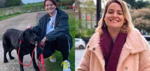 Side by side pictures of Tea Kane next to a dog with a lead and also a photo of them wearing a pink jacket with a red scarf